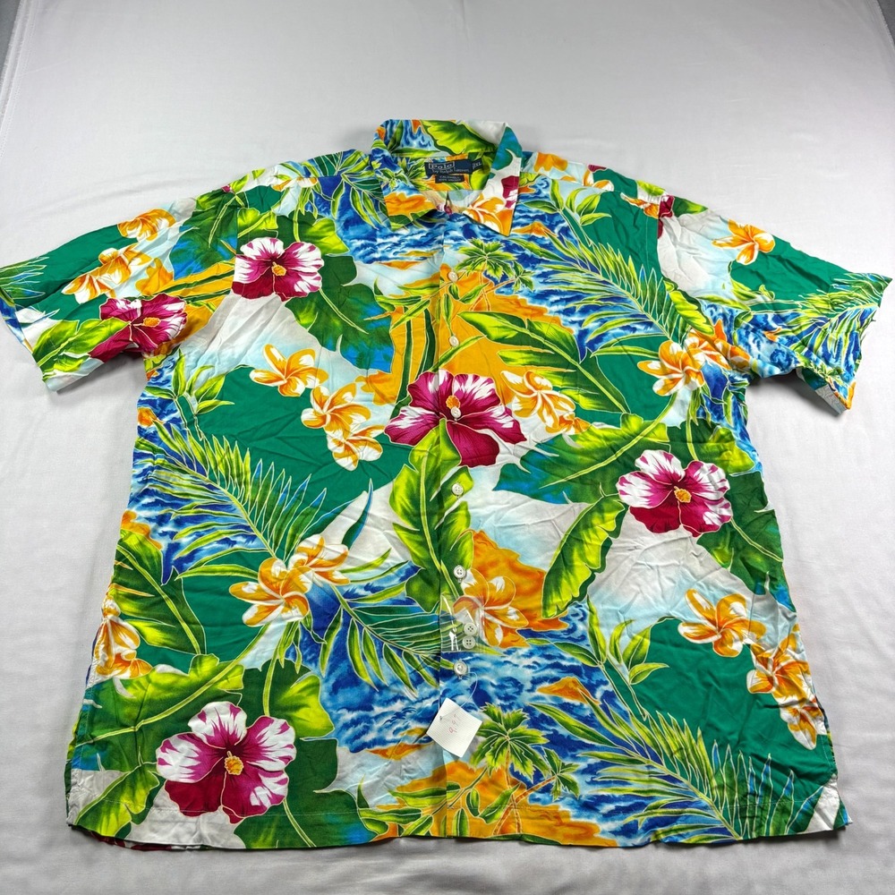 Vintage Polo Ralph Lauren Shirt Men XL Floral Caldwell Hawaiian Loop Collar Camp